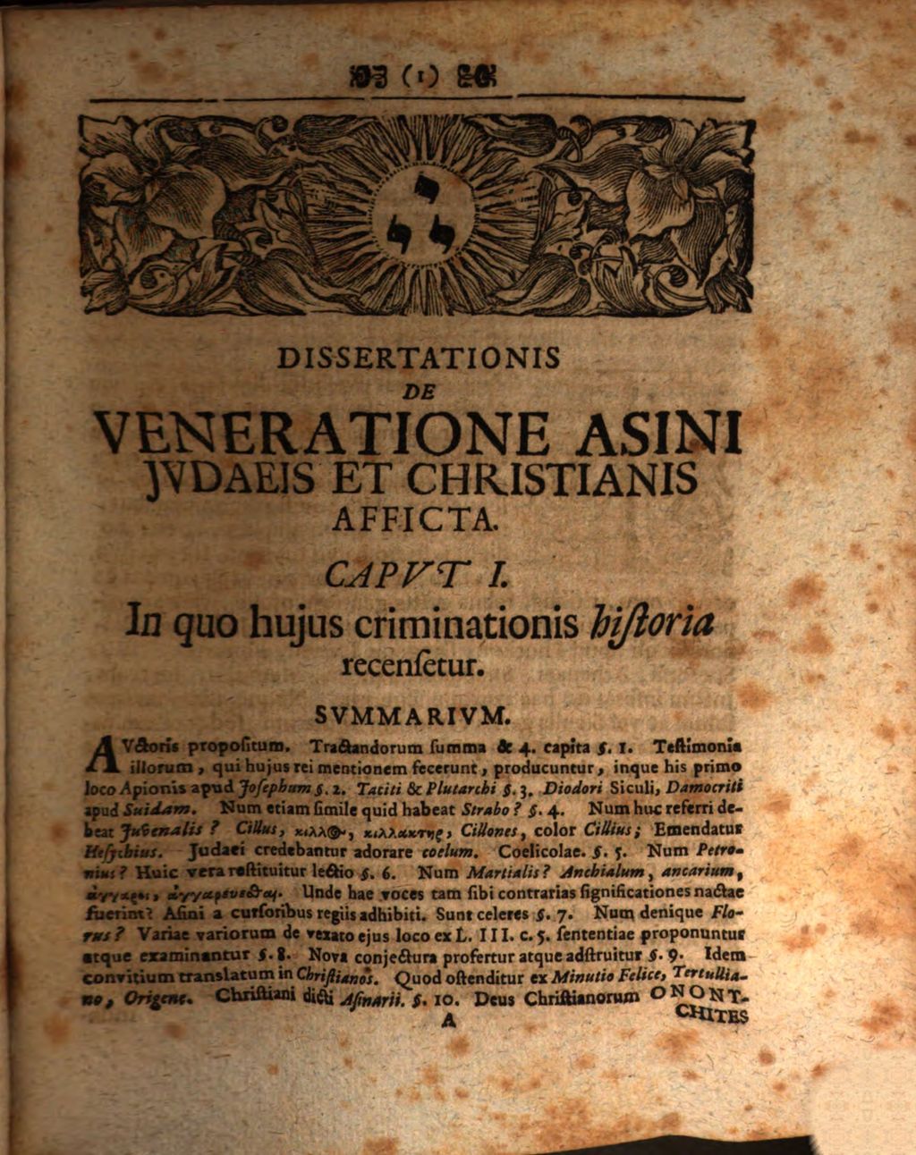 Cover of Theodori Hasaei De onolatreiai, sive calumnia cultus asiniana a gentilibus olim Judaeis et Christianis impacta diatribe