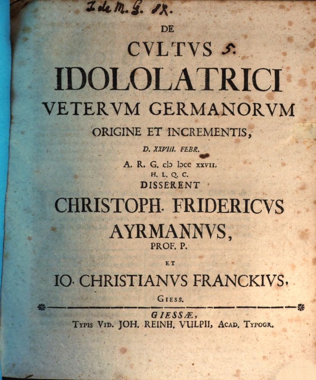 Cover of De cultus idololatrici veterum Germanorum origine et incrementis