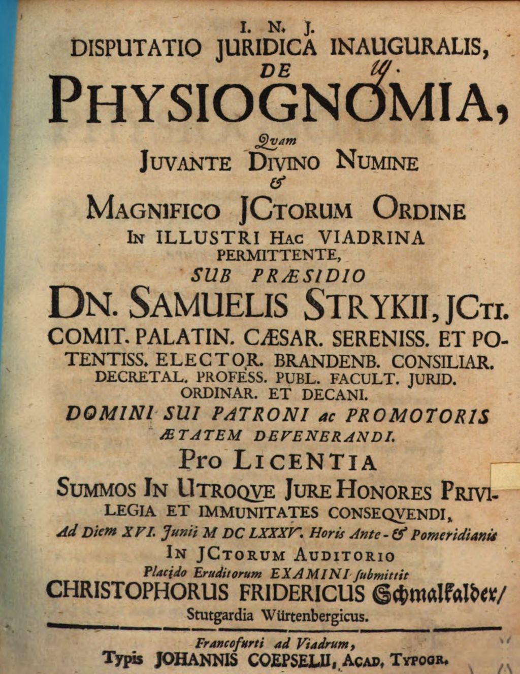 Cover of Disputatio Juridica Inauguralis, De Physiognomia