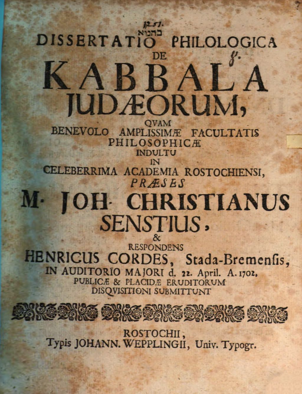 Cover of Dissertatio philologica de kabbala Judaeorum