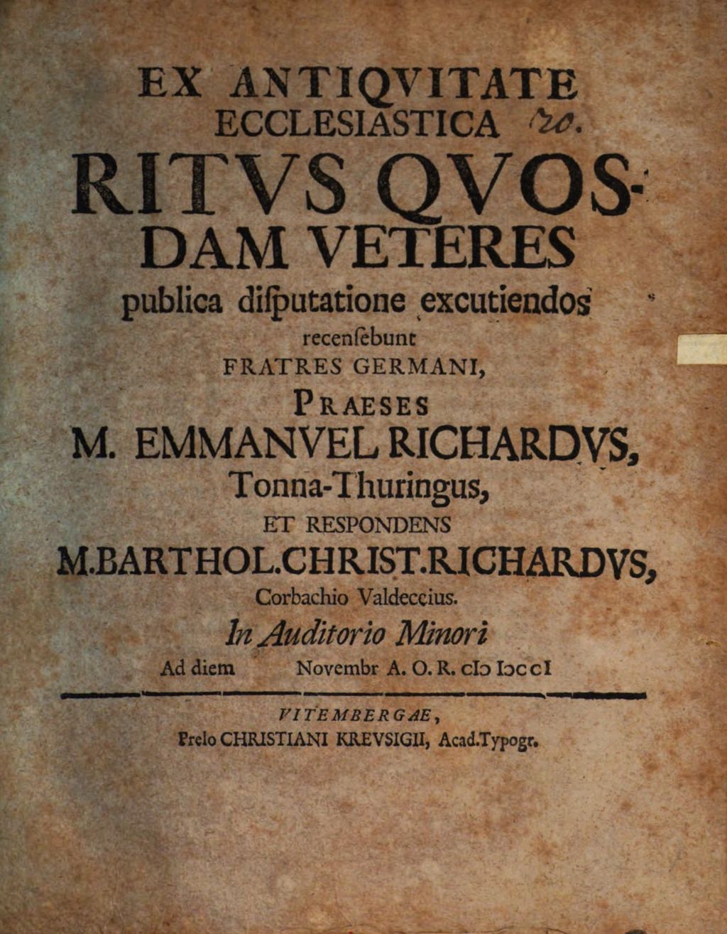 Cover of Ex antiquitate ecclesiae ritus quidam veteres