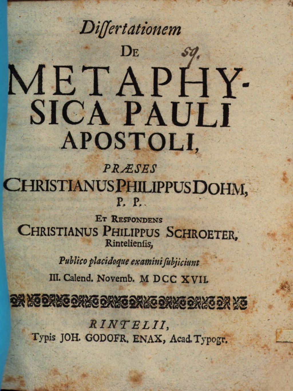 Cover of Diss. de metaphysica Pauli Apostoli
