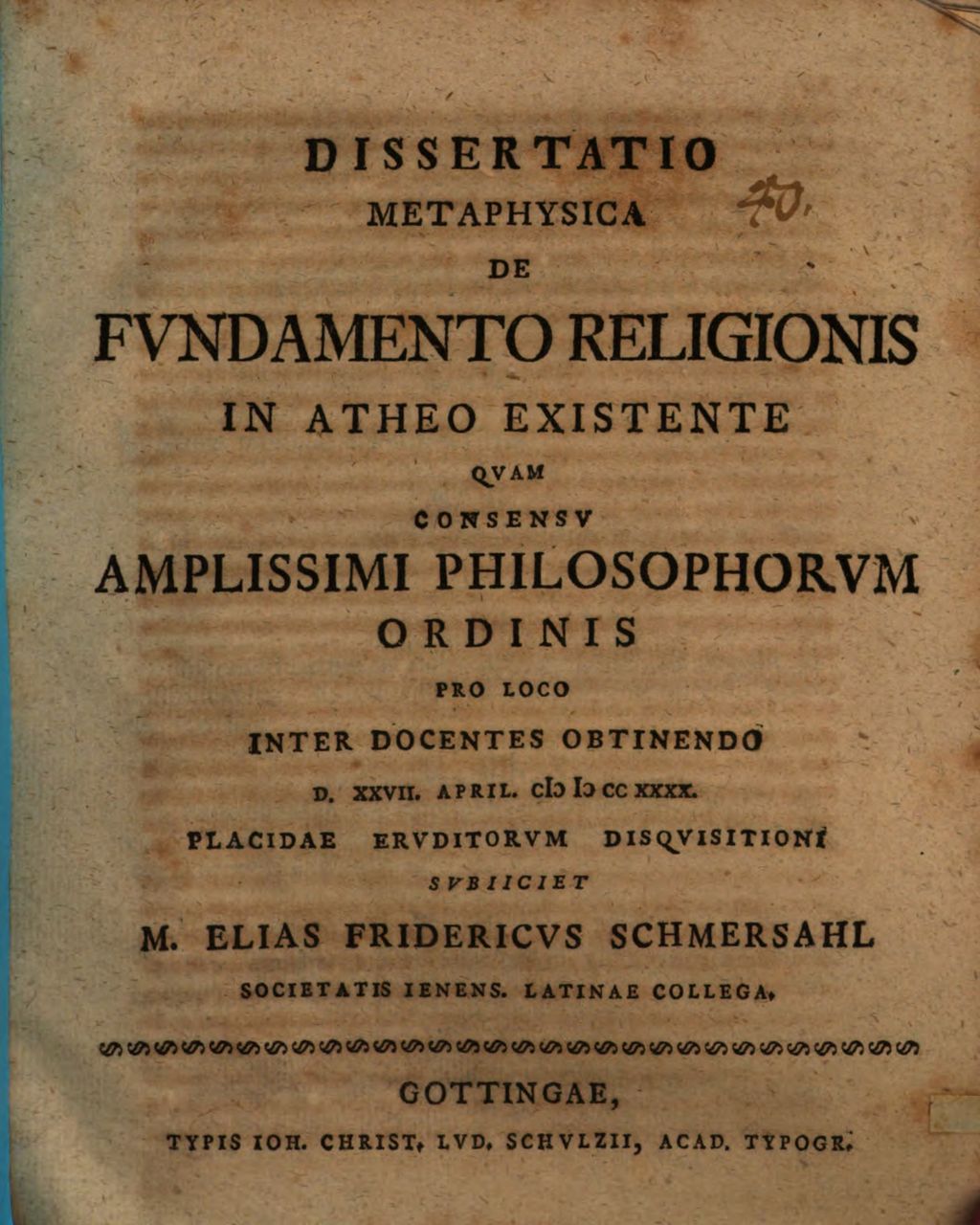 Cover of Dissertatio metaphysica de fvndamento religionis in atheo existente