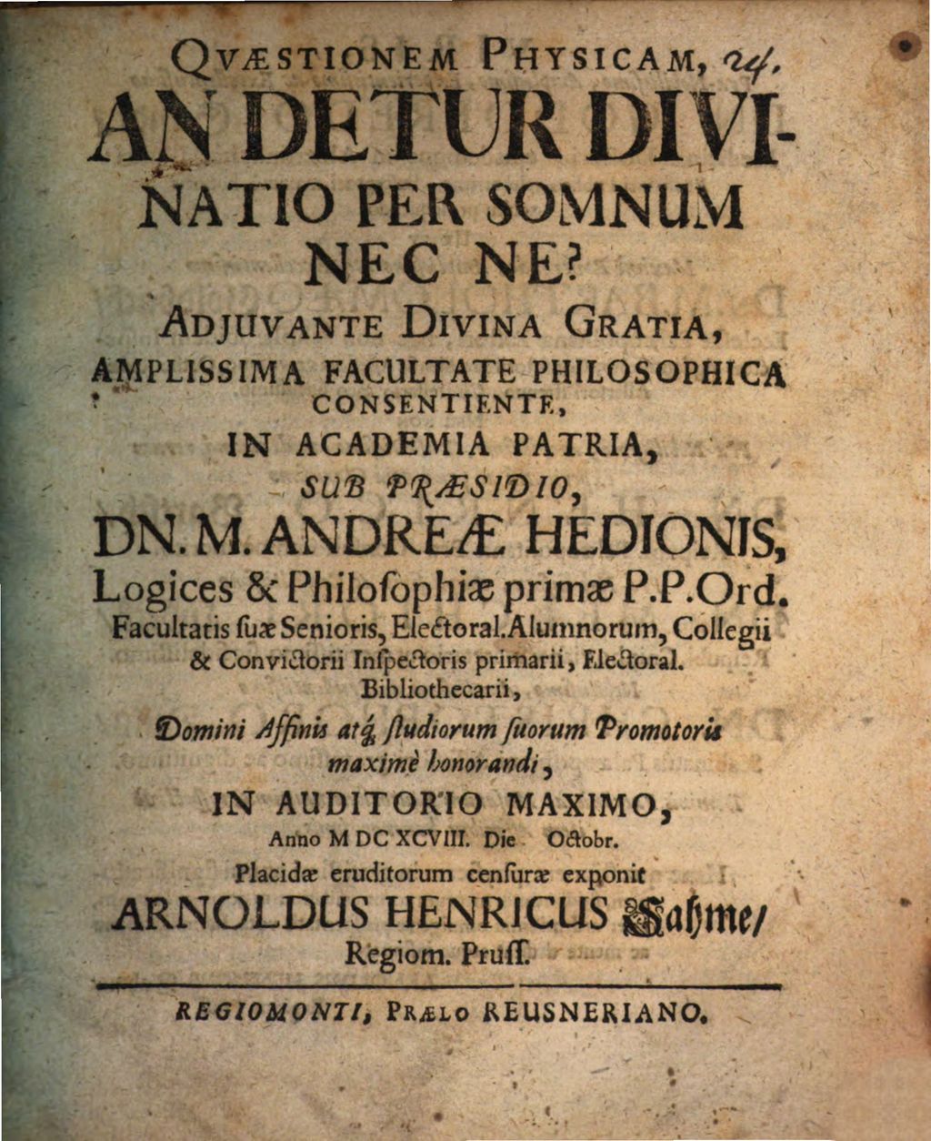 Cover of Quaestionem physicam an detur divinatio per somnum nec ne?