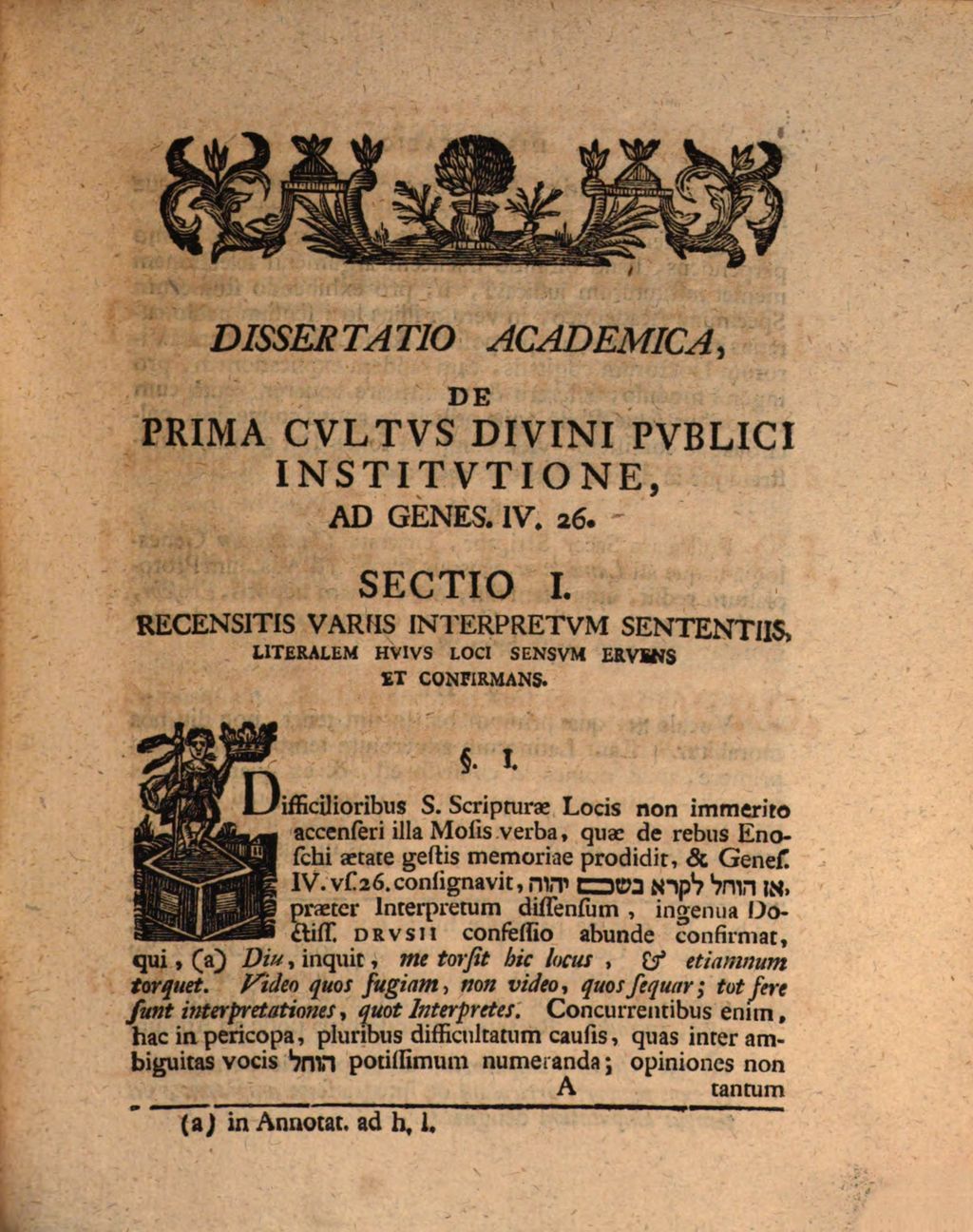 Cover of Diss. acad. de prima cultus divini publici institutione, ad Genes. IV,26
