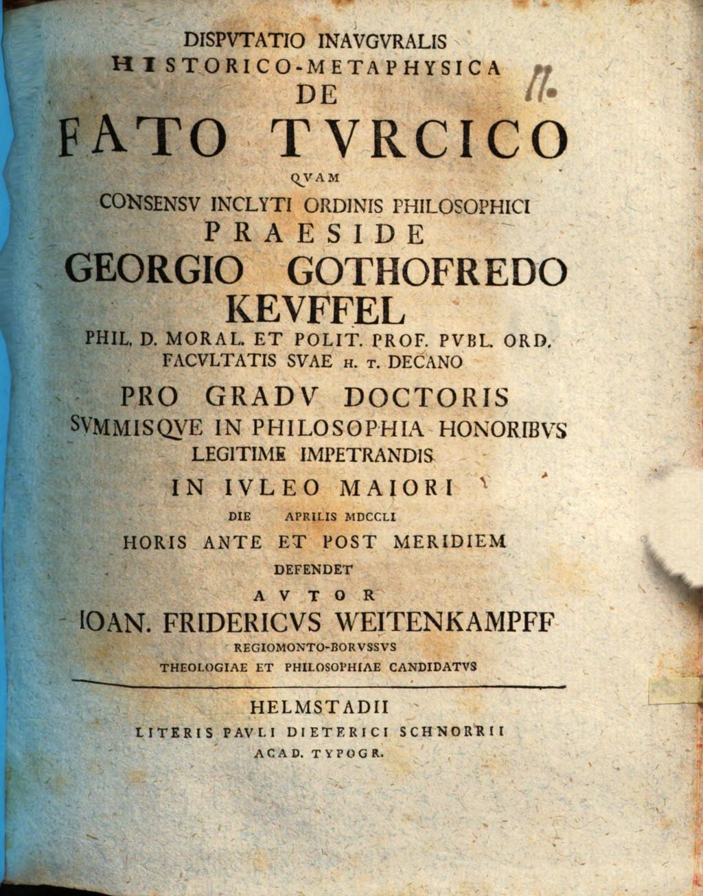 Cover of Dispvtatio Inavgvralis Historico- Metaphysica De Fato Tvrcico