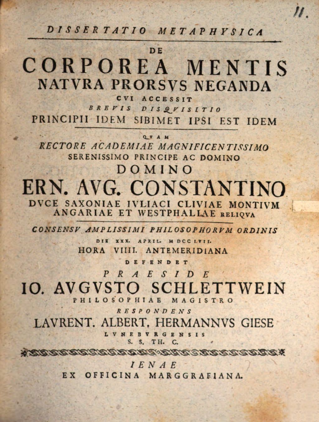 Cover of Dissertatio Metaphysica De Corporea Mentis Natvra Prorsvs Neganda