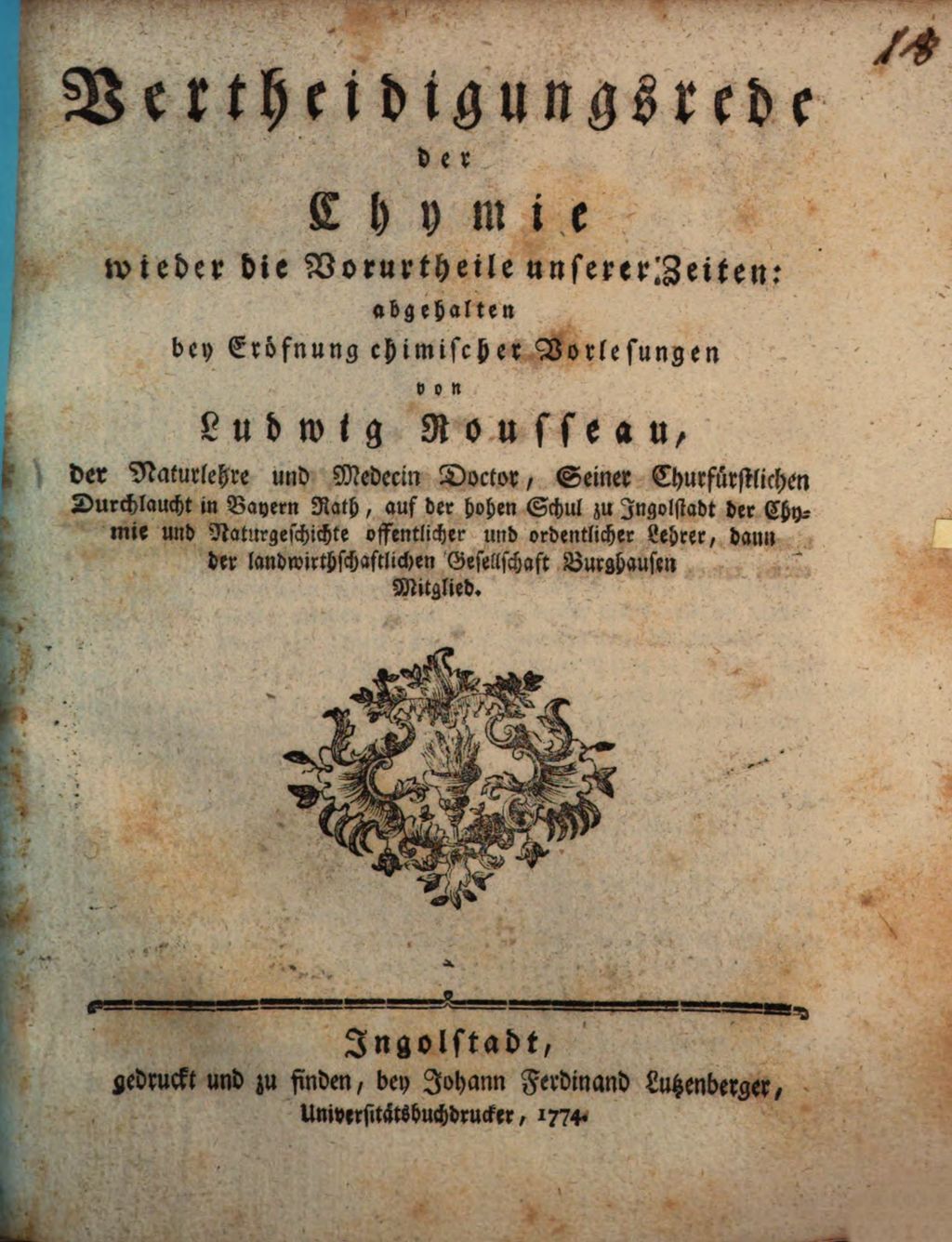 Cover of Vertheidigungsrede der Chymie wieder die Vorurtheile unserer Zeiten