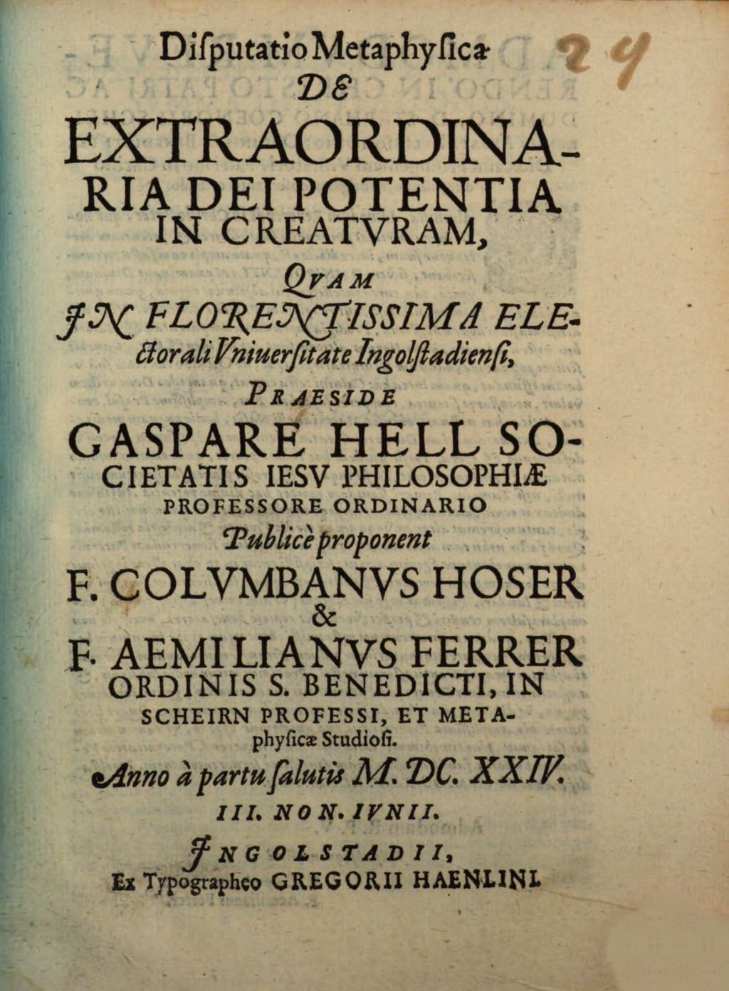 Cover of Disputatio Metaphysica De extraordinaria Dei Potentia In Creatvram