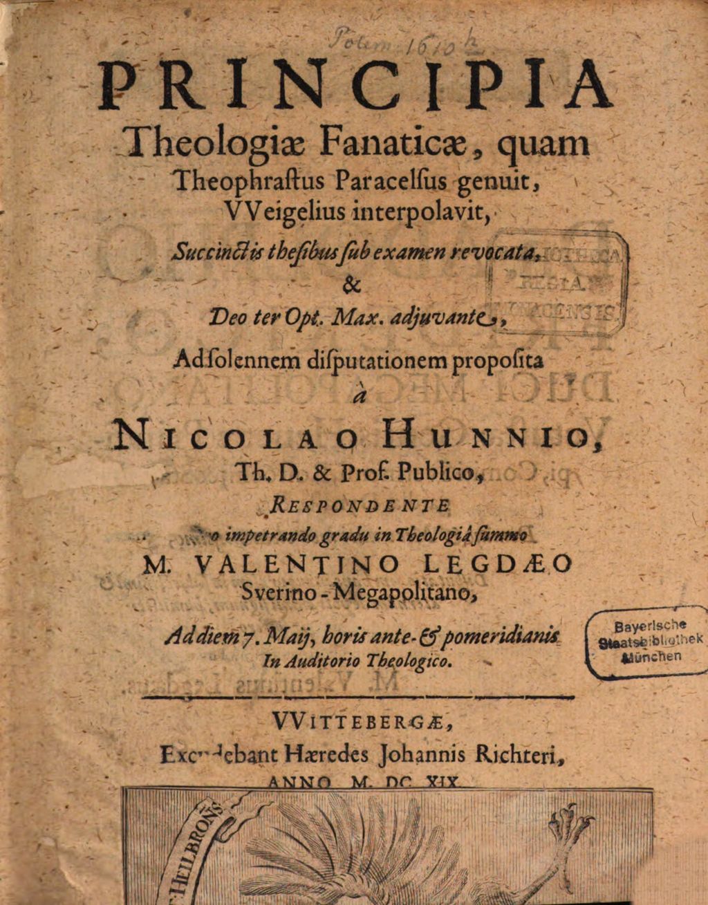 Cover of Principia theologiae fanaticae, quam Theophrastus Paracelsus genuit, Weigelius interpolavit