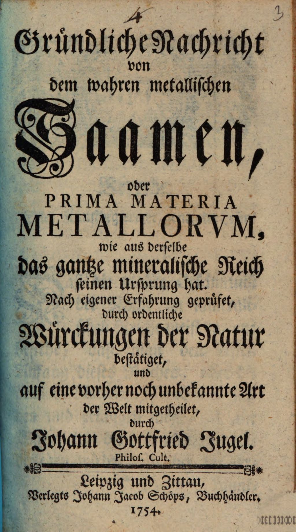 Cover of Gründliche Nachricht von dem wahren metallischen Saamen, oder Prima Materia Metallorvm