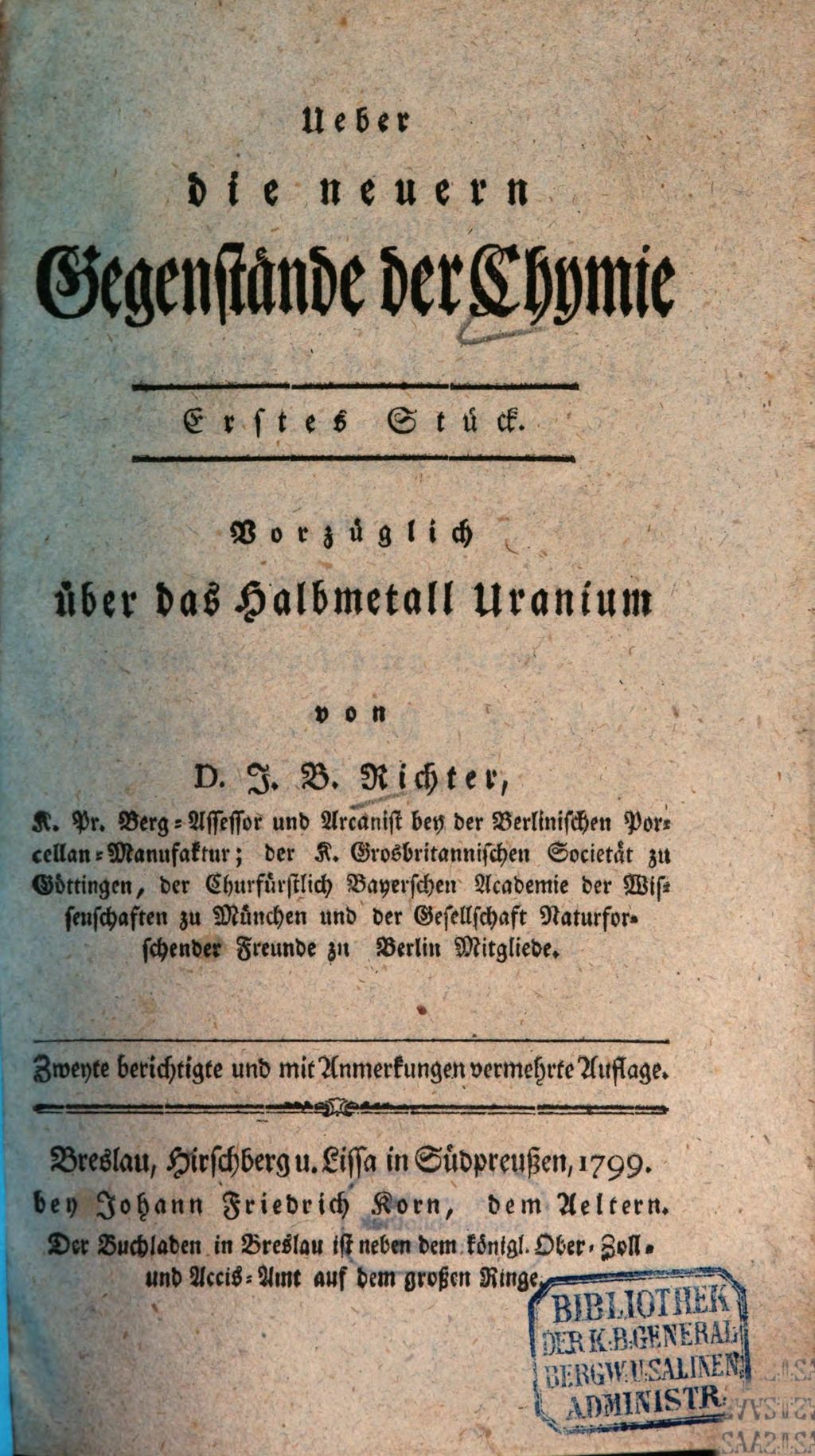 Cover of Ueber die neuern Gegenstände der Chymie . Erstes Stück, Vorzüglich über das Halbmetall Uranium