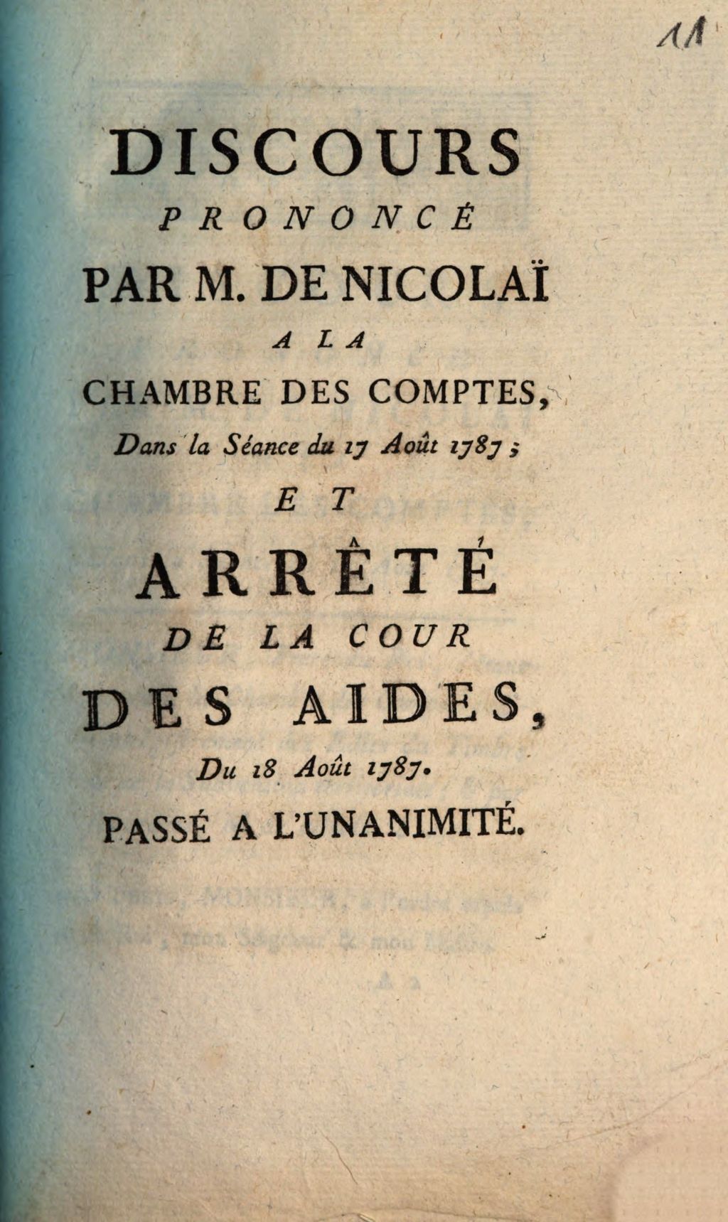 Cover of Discours Prononcé Par M. De Nicolai A La Chambre Des Comptes, Dans la Séance du 17 Août 1787; Et Arrêté De La Cour Des Aides, Du 18 Août 1787
