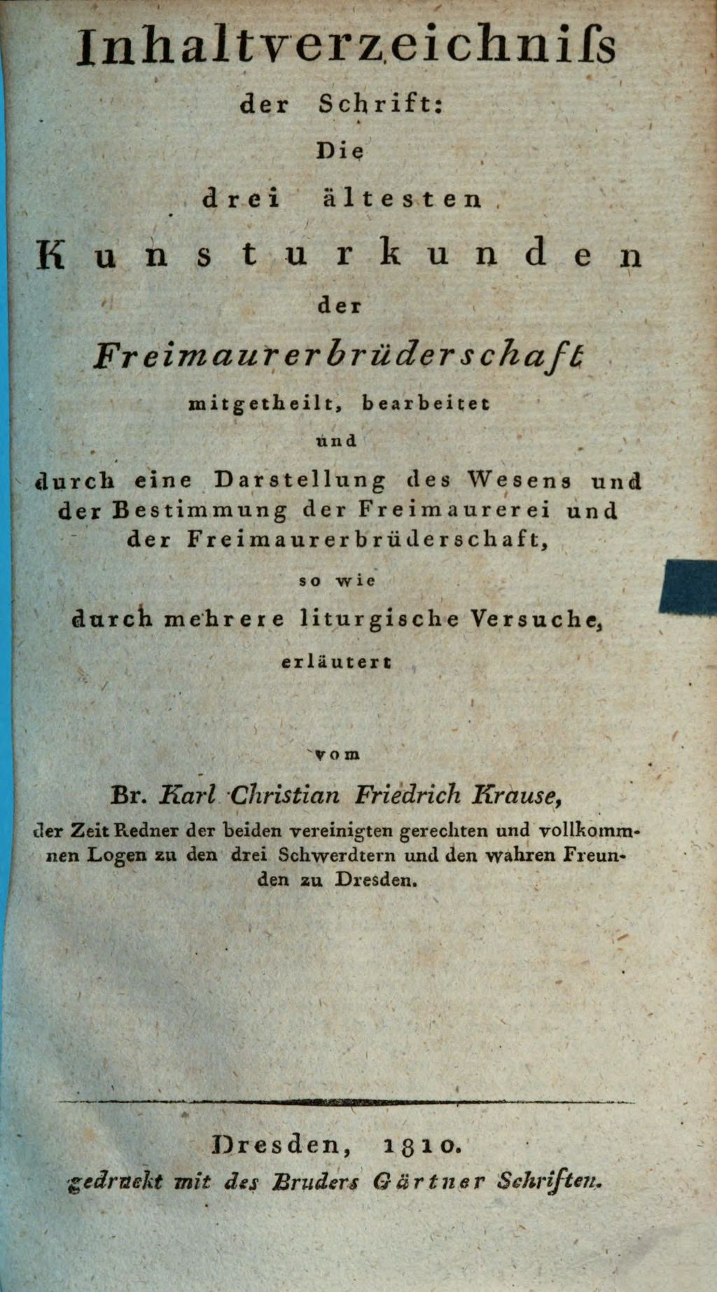 Cover of Inhaltsverzeichnis der Schrift: Die drei ältesten Kunsturkunden der Freimaurerbrüderschaft