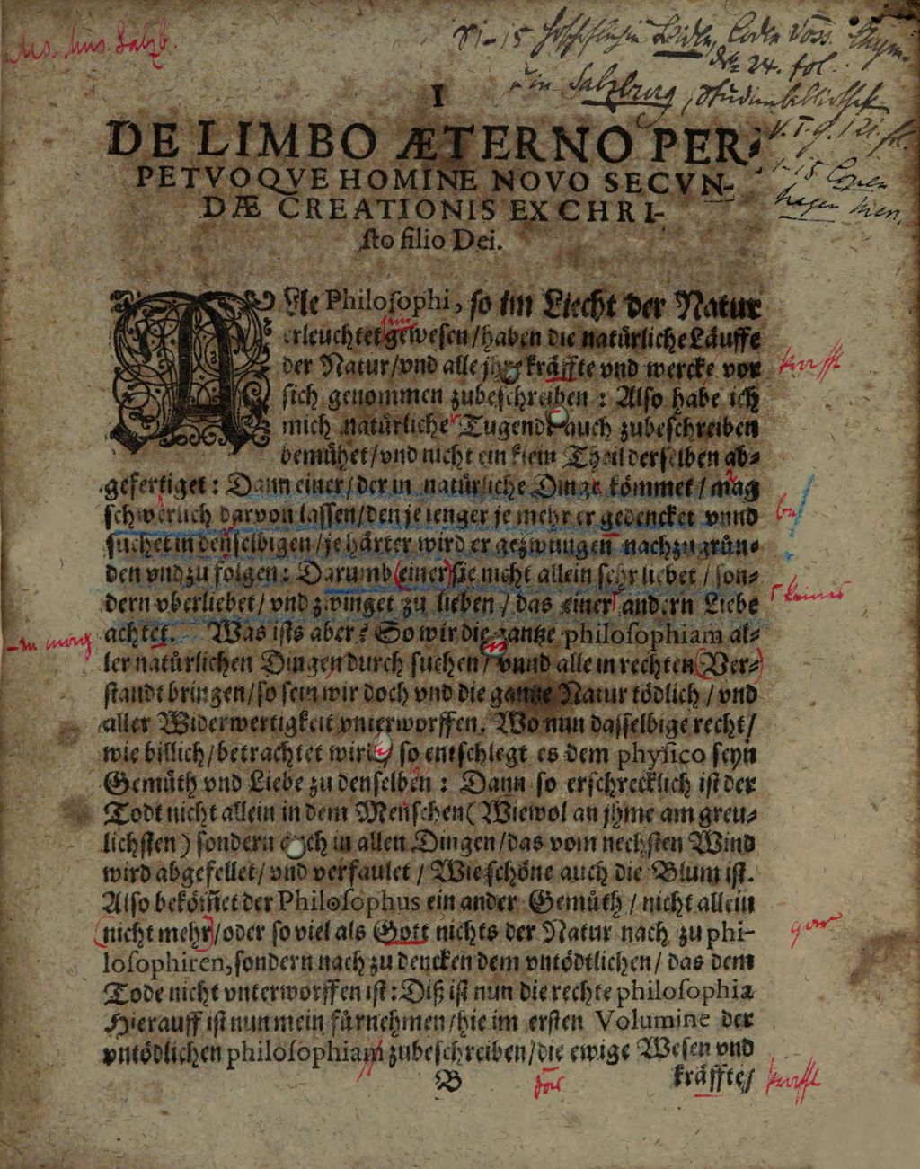 Cover of Philosophia De Limbo, Aeterno Perpetuoq[ue] Homine Novo Secundae creationis ex Iesu Christo Dei filio Des Edlen Hochthewren Philosophi ter maximi unnd beyder Liechter Naturae & Gratiae getrewen Doctoris Aurelii Philippi Theophrasti Paracelsi ab Hohenhaim utriusq[ue] Medicinae facile Principis