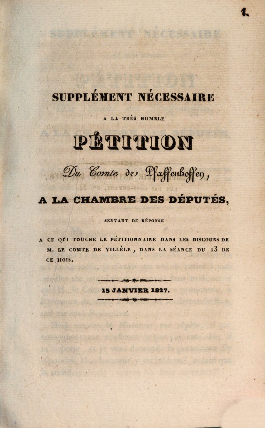 Cover of Supplément nécessaire à la très humble Pétition du Comte de Pfaffenhoffen à la Chambre des députés