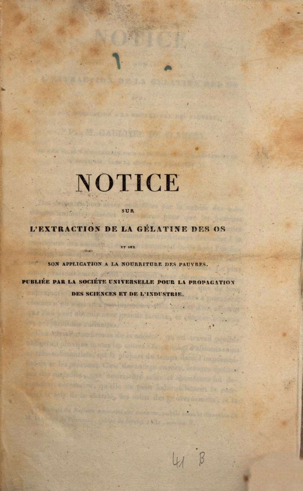 Cover of Notice sur l'extraction de la gélatine des os et sur son application à la nourriture des pauvres