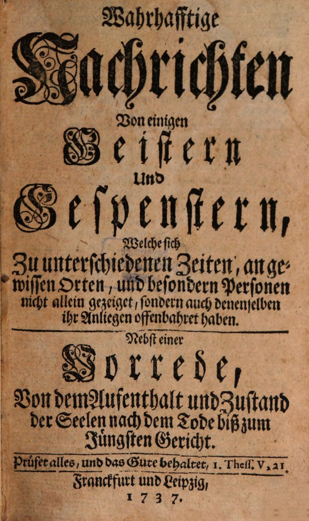 Cover of Wahrhafftige Nachrichten von einigen Geistern und Gespenstern welche sich an gewissen Orten gezeiget
