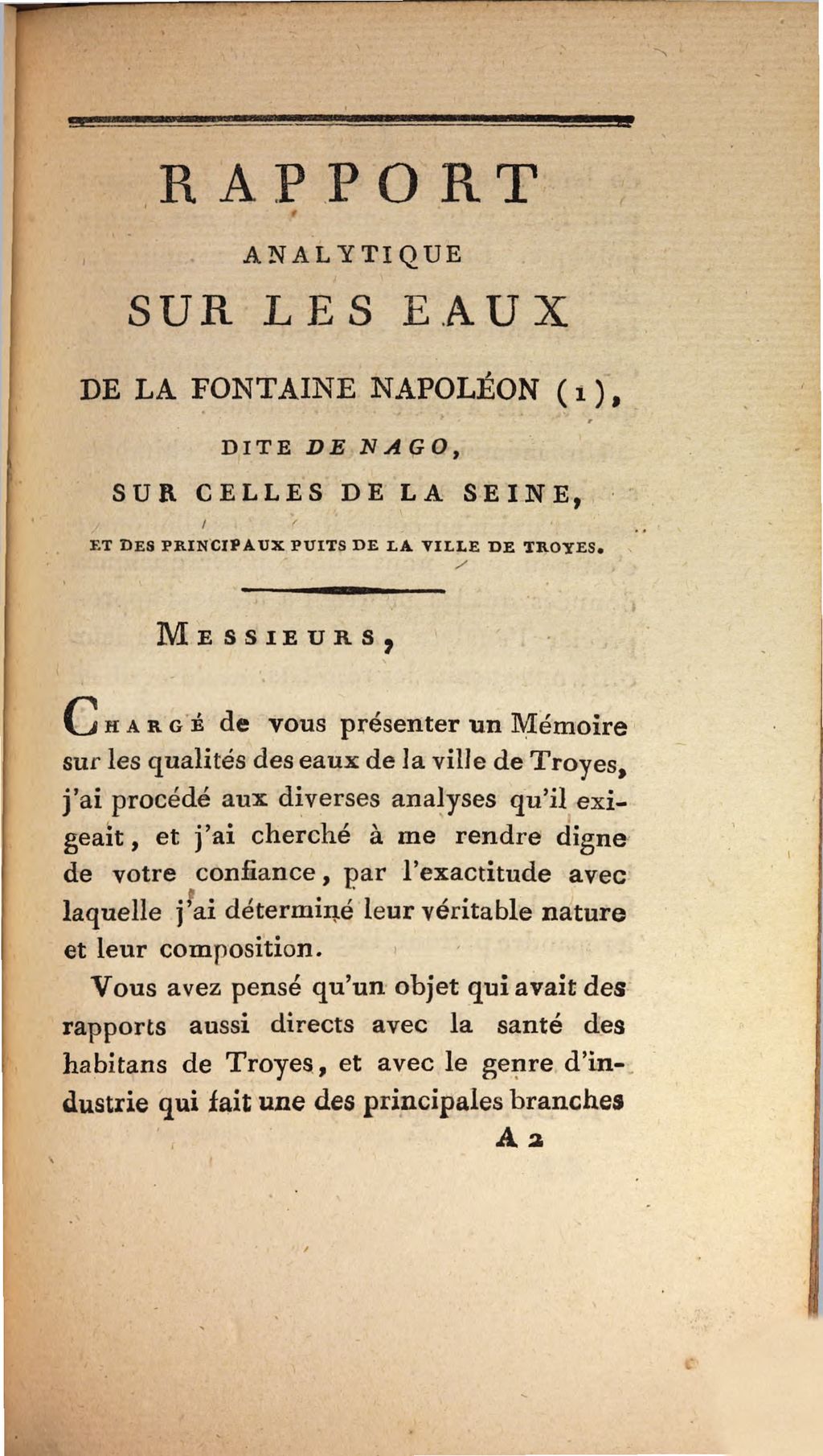Cover of Rapport Analytique Sur Les Eaux De La Fontaine Napoléon, Dite De Nago, Sur Celles De La Seine, Et Des Principaux Puits De La Ville De Troyes