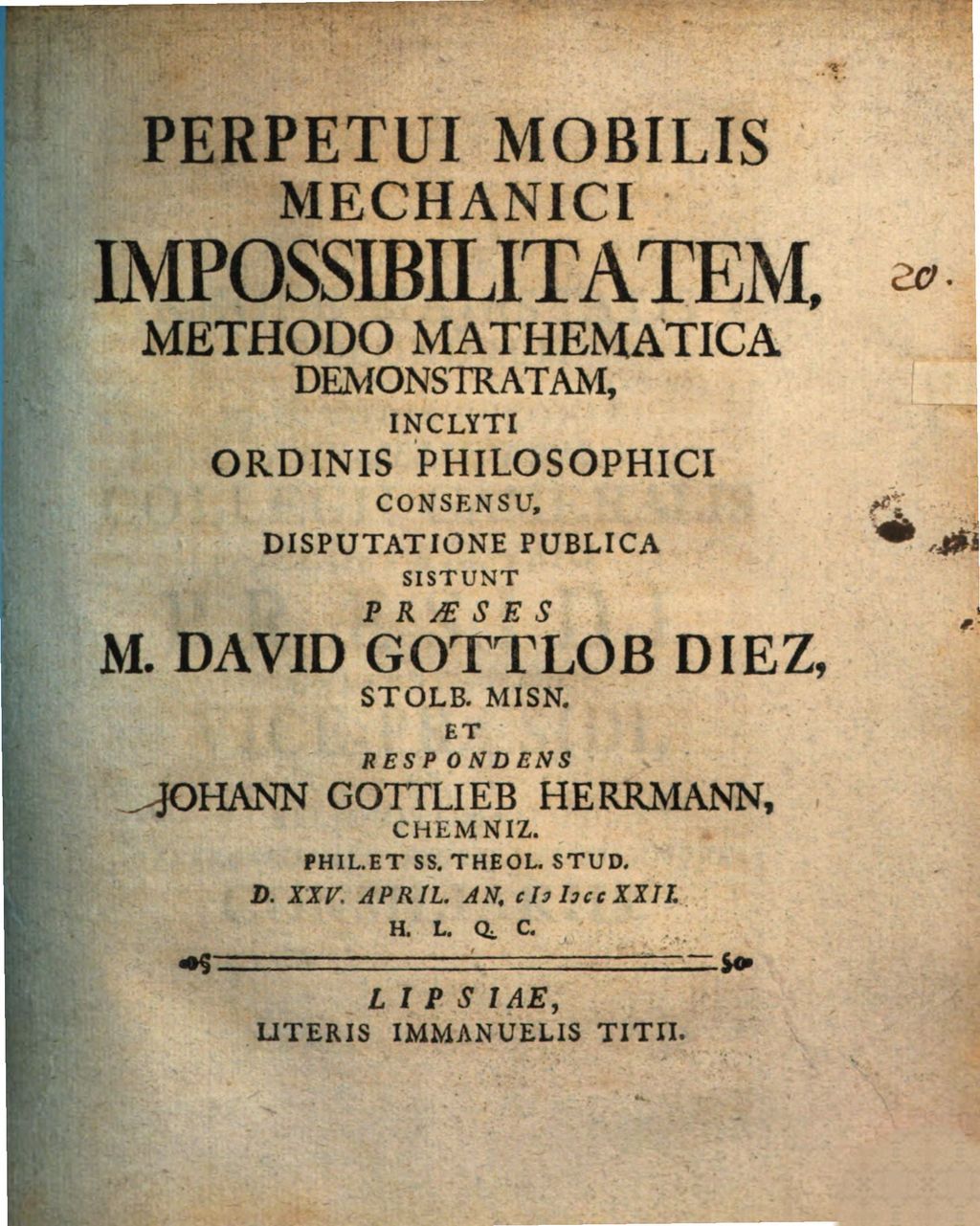 Cover of Perpetui Mobilis Mechanici Impossibilitatem, Methodo Mathematica Demonstratam