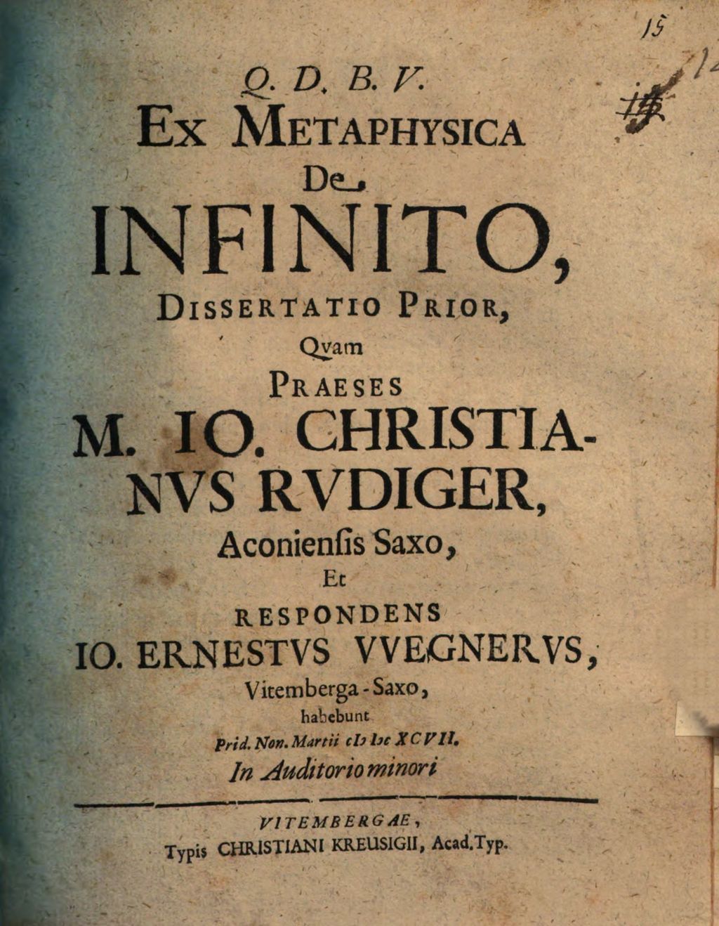 Cover of Ex metaphysica , de infinito. Diss. prior