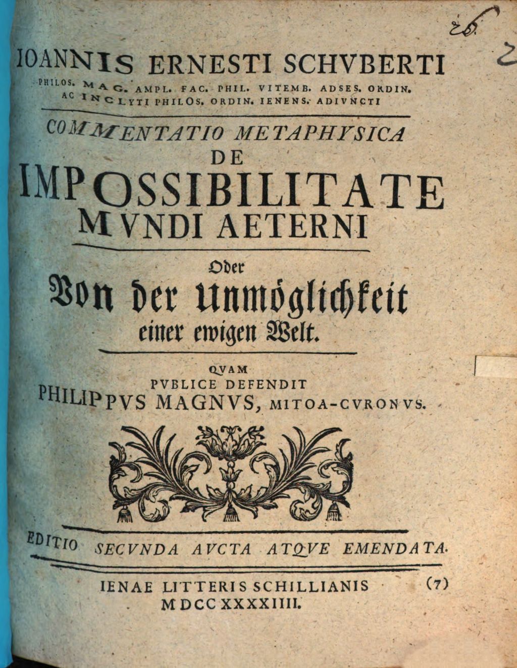 Cover of Ioannis Ernesti Schuberti .. Commentatio metaphysica de impossibilitate mvndi aeterni