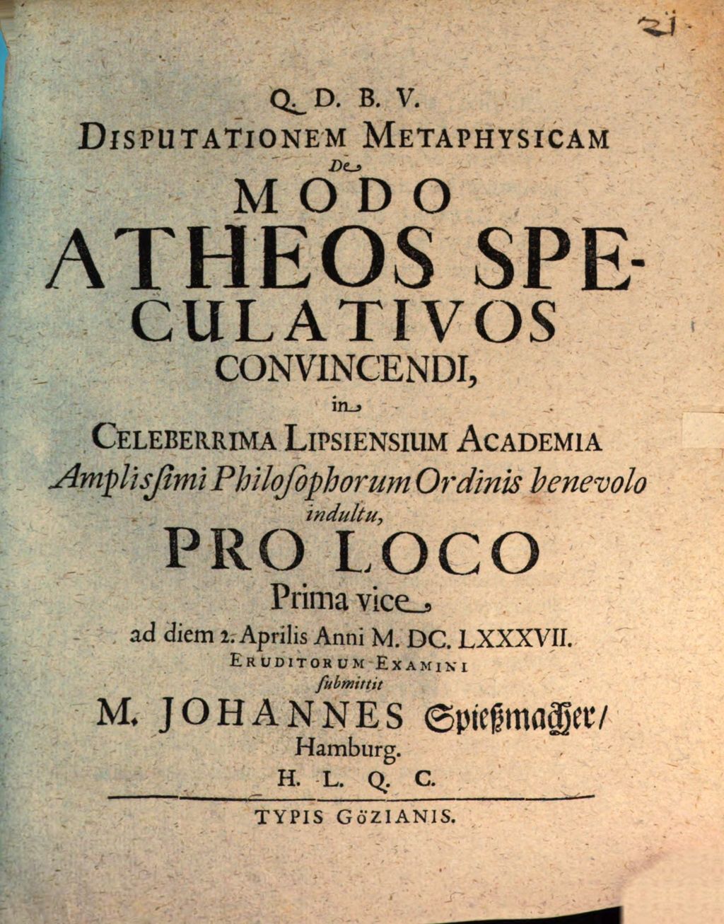 Cover of Disputatio metaphysica de modo, atheos speculativos convincendi