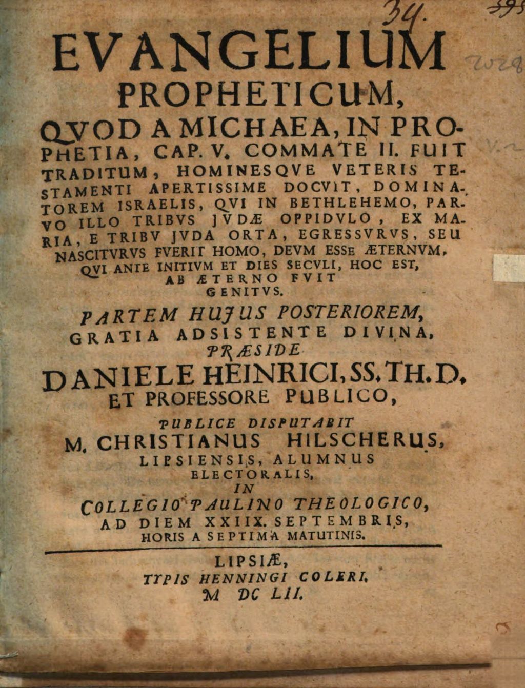 Cover of Evangelium propheticum, quod a Michaea in prophetia C. V. comm. 2. fuit traditum