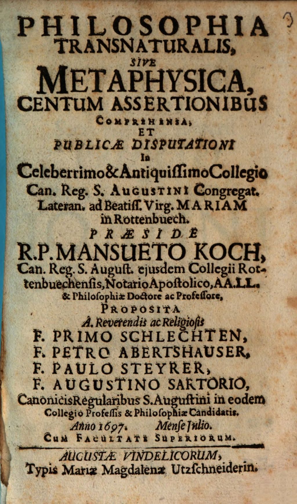 Cover of Philosophia transnaturalis, sive metaphysica , centum assertionibus comprehensa