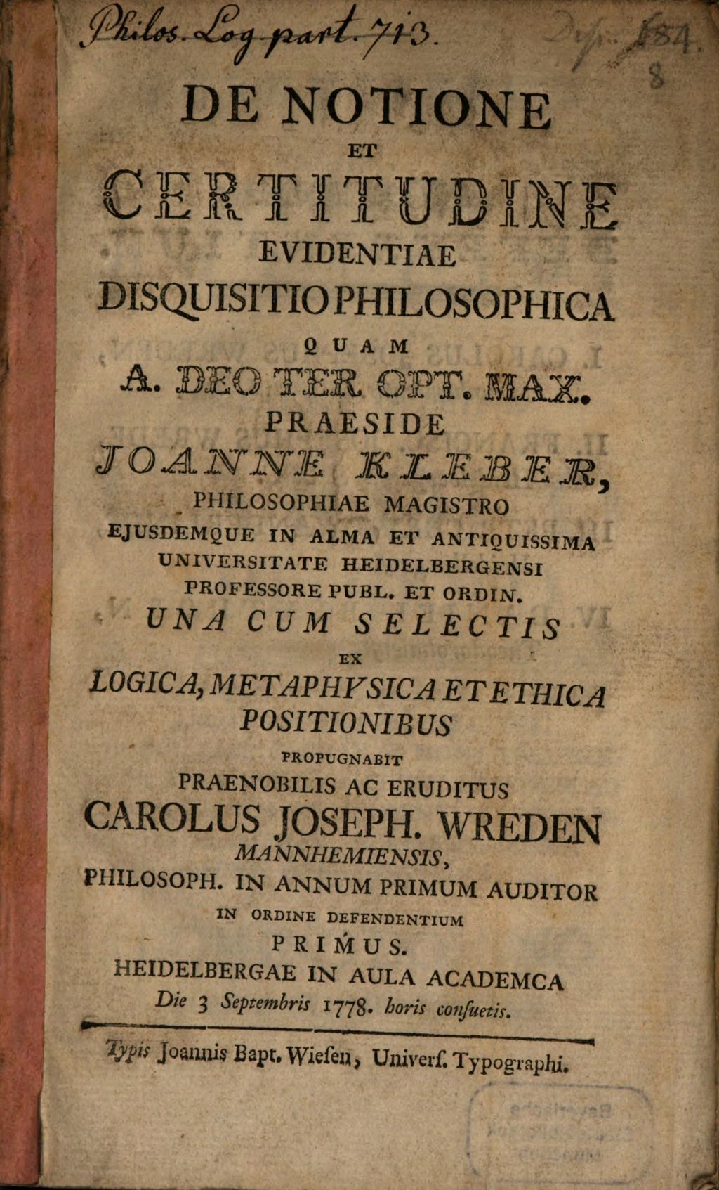 Cover of De Notione Et Certitudine Evidentiae Disquisitio Philosophica