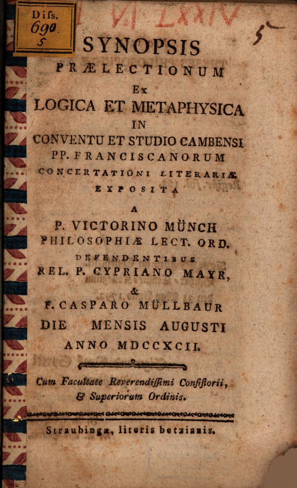 Cover of Synopsis praelectionum ex logica et metaphysica