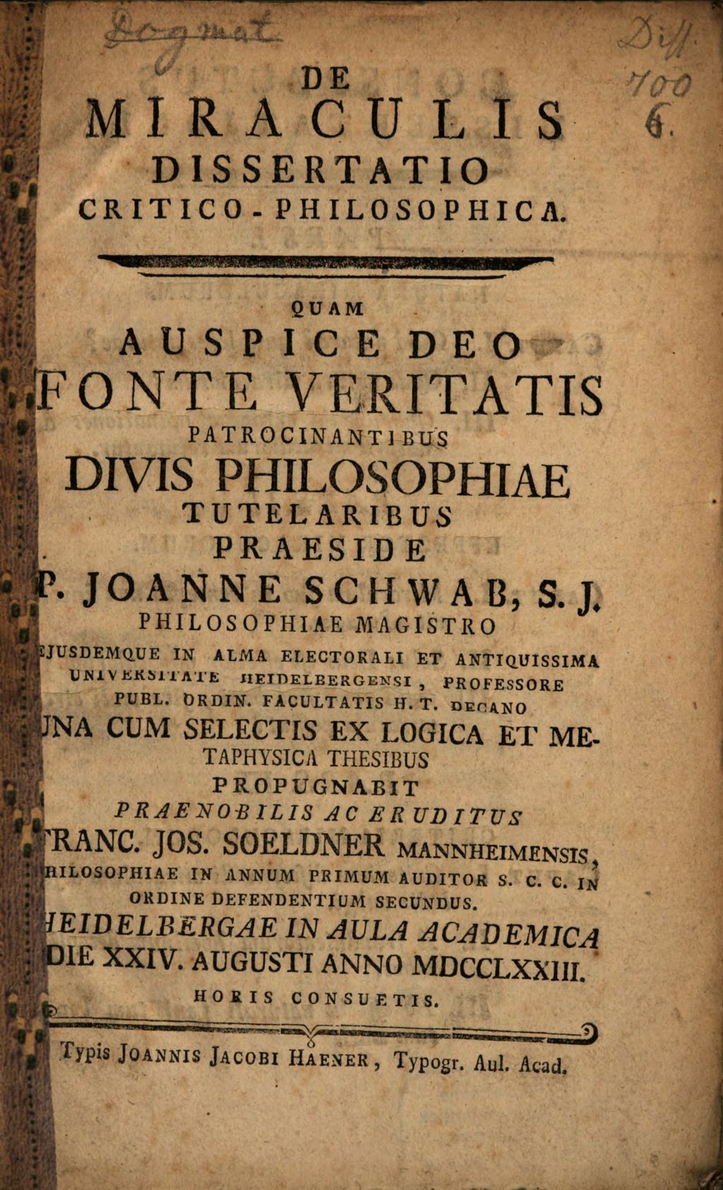 Cover of De Miraculis Dissertatio Critico-Philosophica
