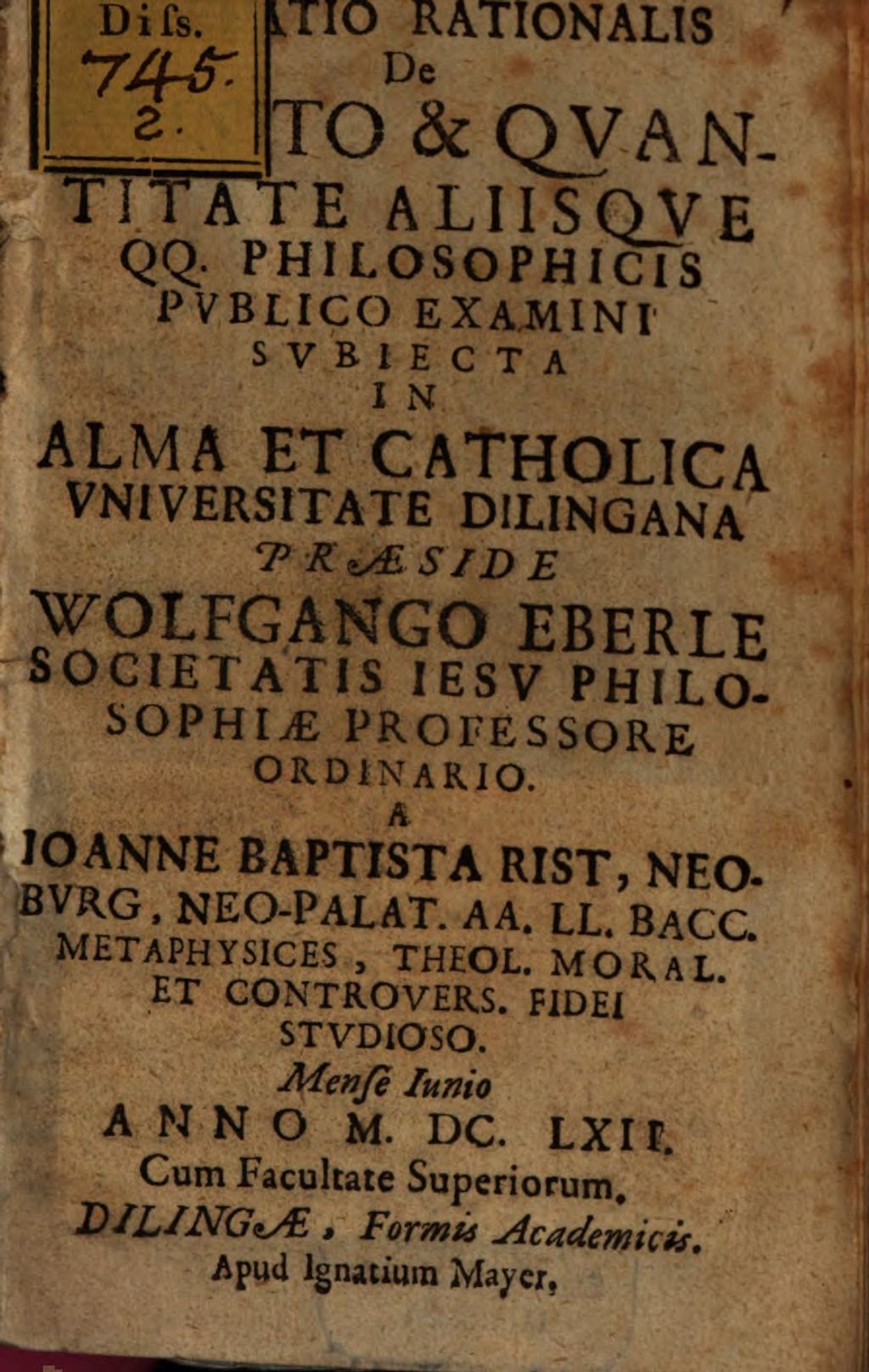 Cover of Divinatio rationalis de infinito et quantitate, aliisque Q. Q. philosophicis