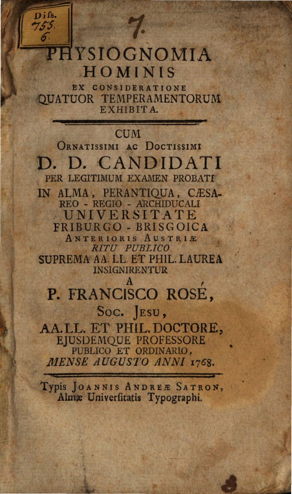 Cover of Physiognomia homines ex consideratione quatuor temperamentorum exhibita