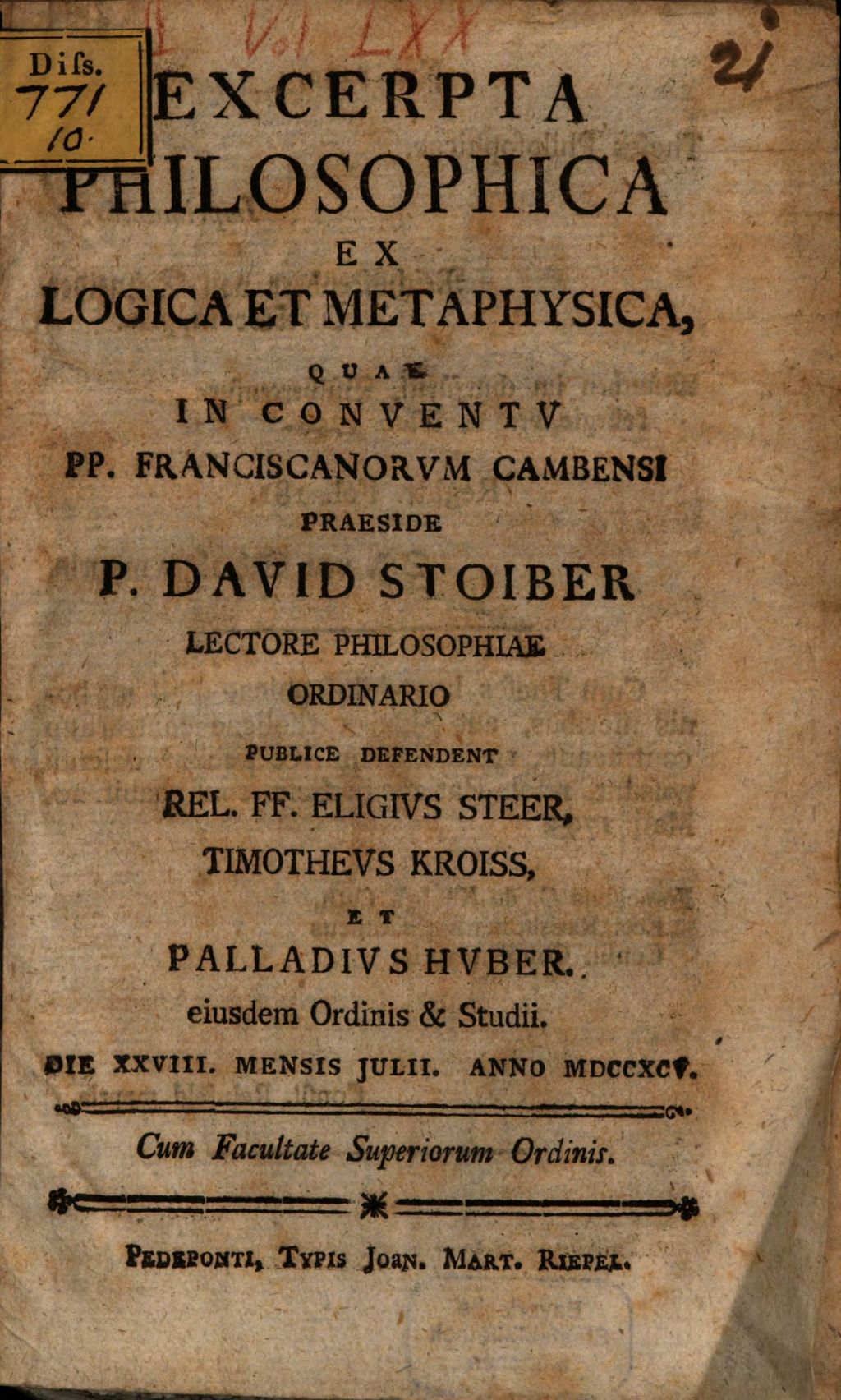 Cover of Excerpta philor. ex logica et metaphysica