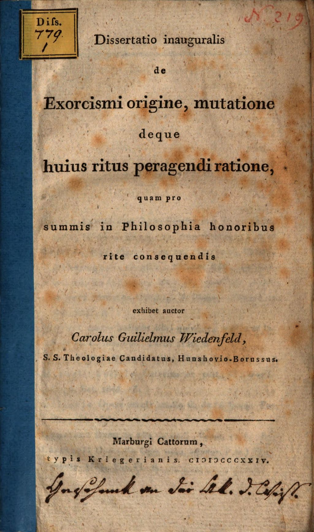 Cover of Diss. inaug. de exorcismi origine, mutatione, deque huius ritus peragendi ratione
