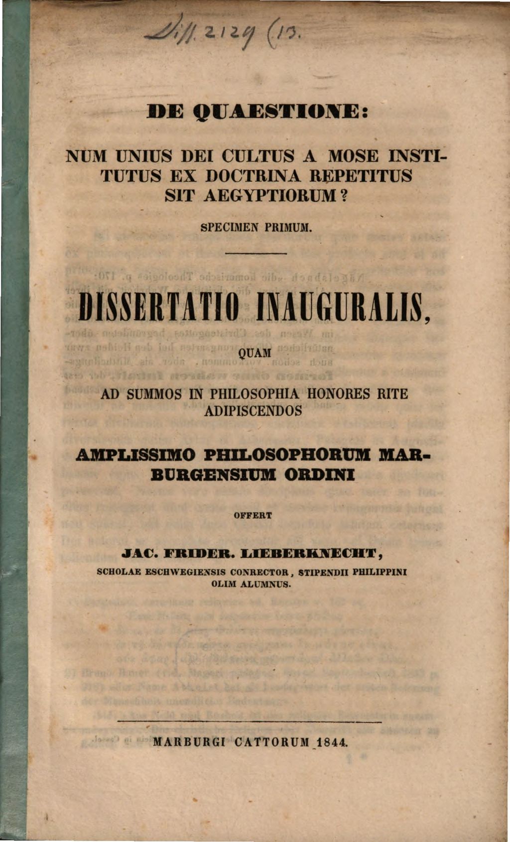 Cover of De quaestione: num unius dei cultus a Mose institutus ex doctrina repetitus sit Aegyptiorum?. 1