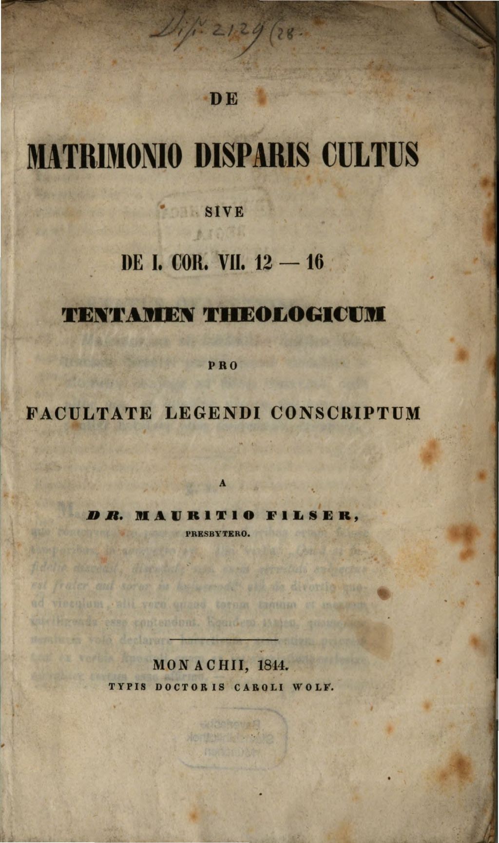 Cover of De matrimonio disparis cultus sive de I. Cor. VII, 12 - 16