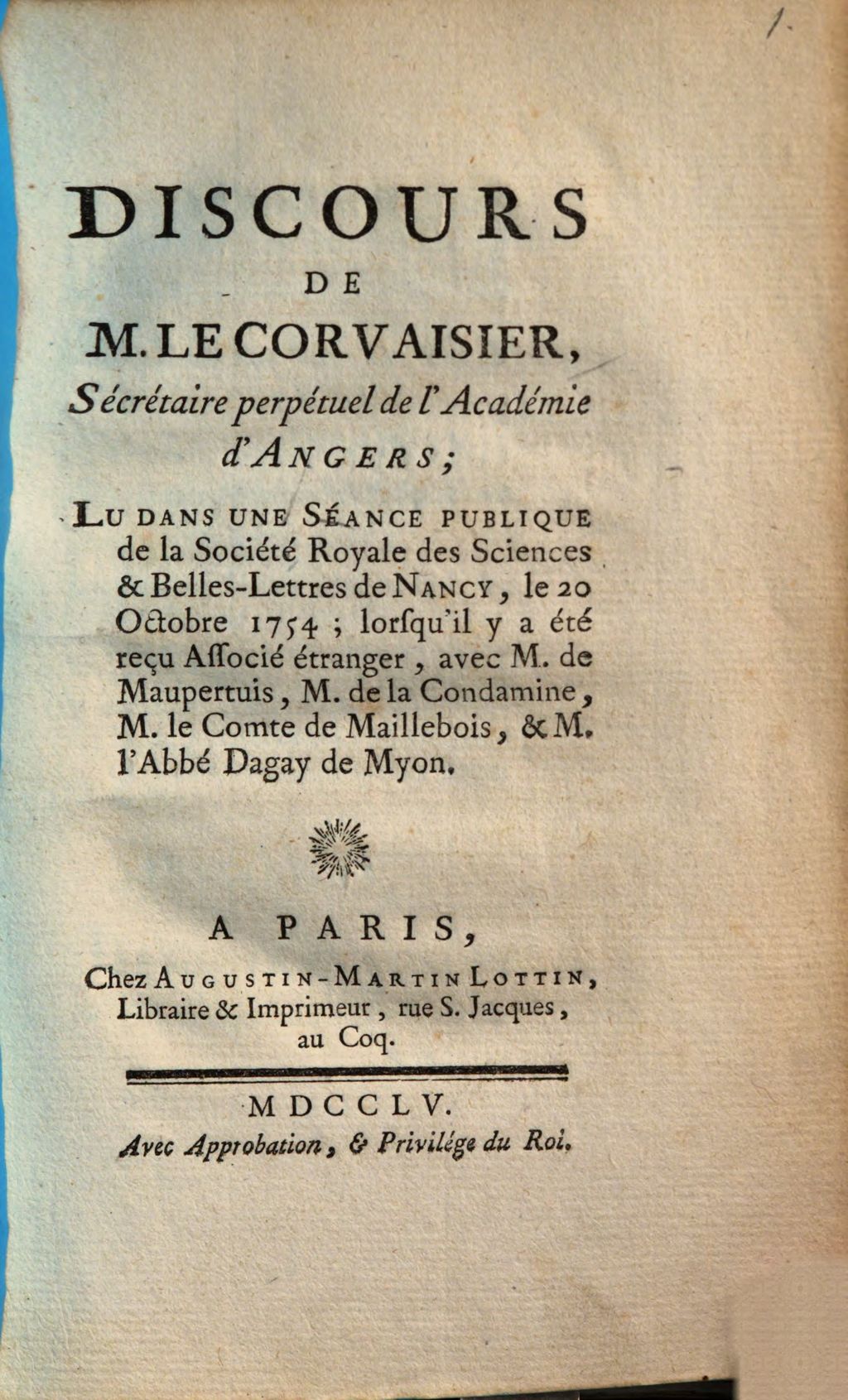 Cover of Discours de M. LeCorvaisier, sécrétaire perpétuel de l'académie d'Angers