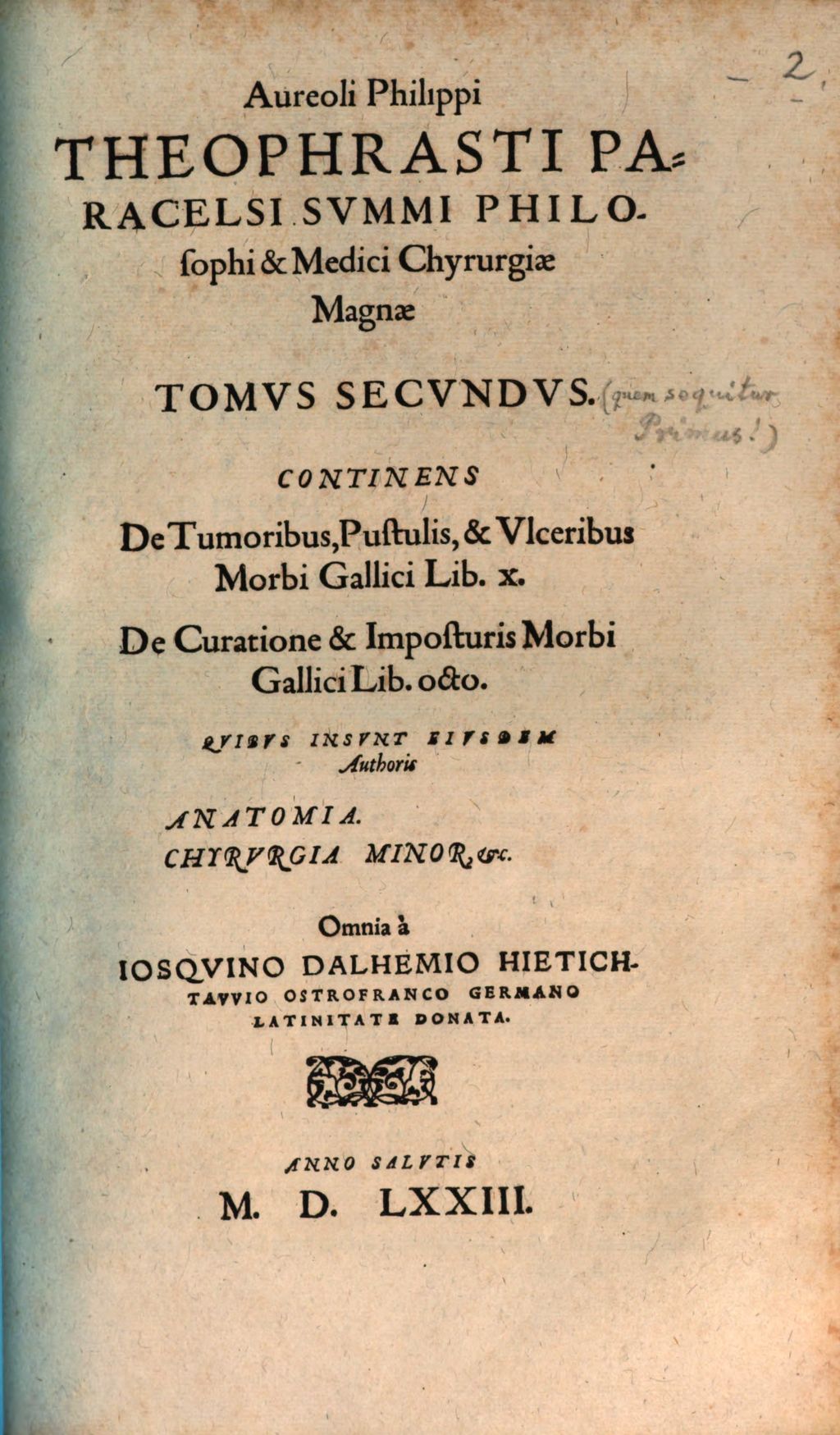 Cover of Philippi Avreoli Theophrasti Paracelsi Bombast Eremitae, Svmmi Inter Germanos Medici & Philosophi. Chirvrgia Magna