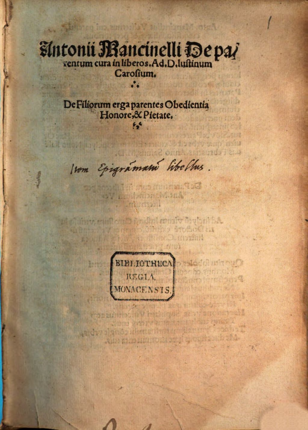 Cover of Antonii Mancinelli De parentum cura in liberos