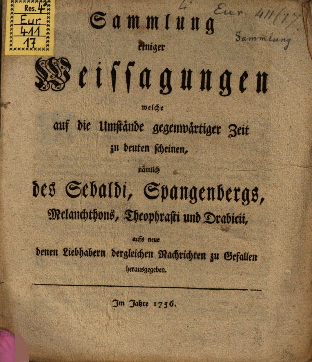 Cover of Sammlung einiger Weissagungen , welche auf die Umstände gegenwärtiger Zeit zu deuten scheinen