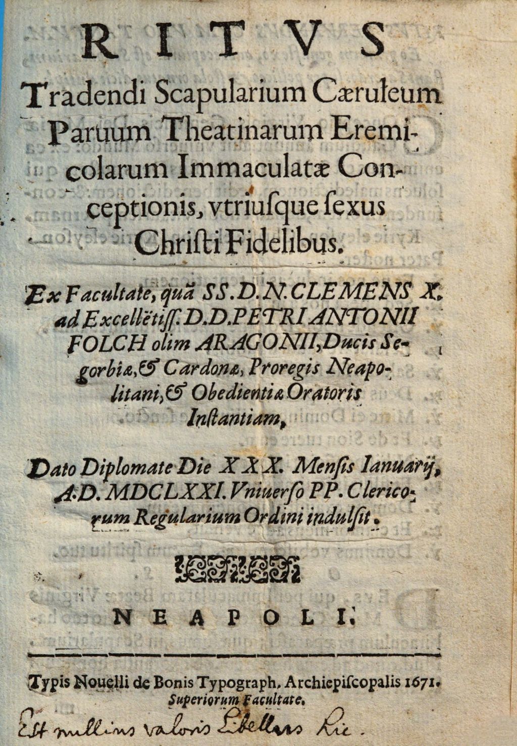 Cover of Ritus tradendi Scapularium caeruleum parvum Theatinarum Eremicolarum Immaculatae Conceptionis, utriusque Sexis christi fidelibus
