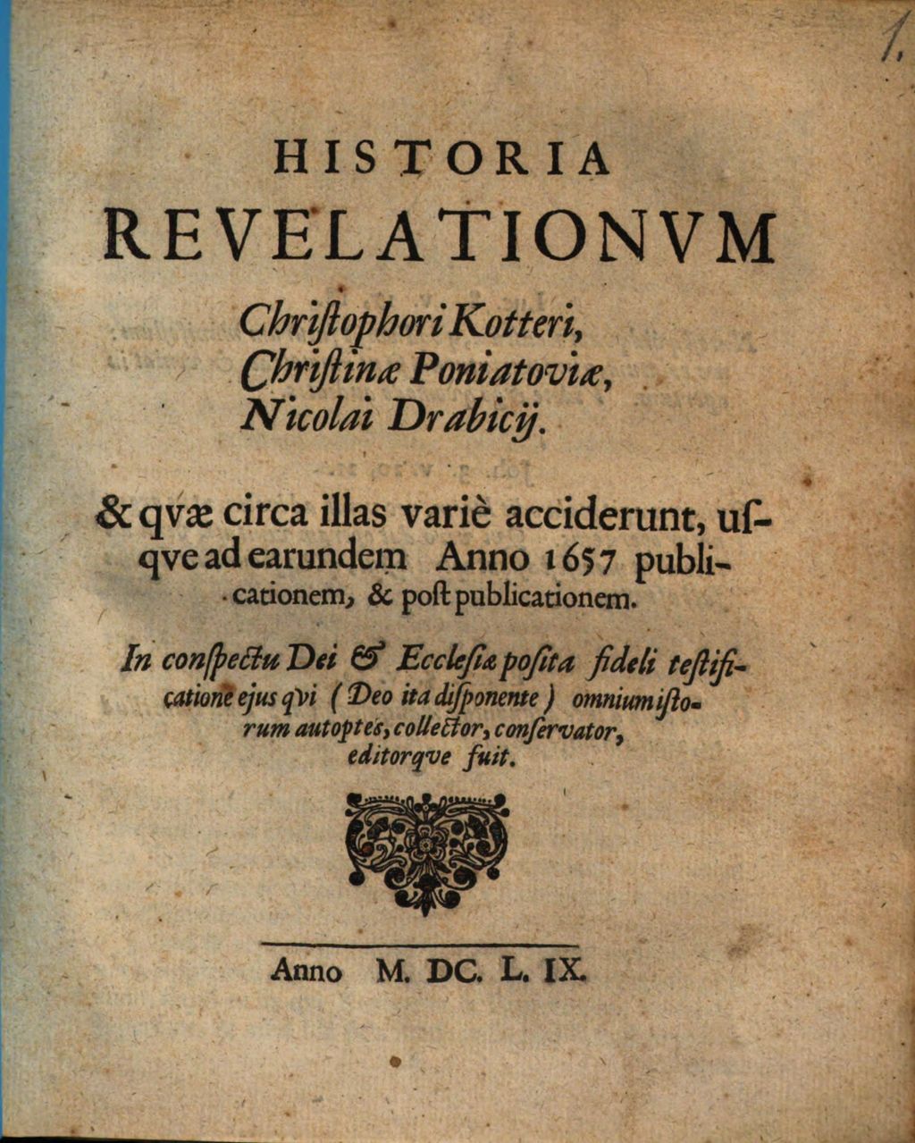 Cover of Historia revelationum Christophori Kotteri, Christinae Poniatoviae, Nicolai Drabicii