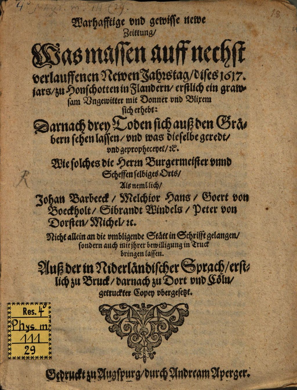 Cover of Warhaffte newe Zeitung was massen ... 1617 ... zu Honschotten in Flandern ... ein grawsam Ungewitter ... sich erhebt