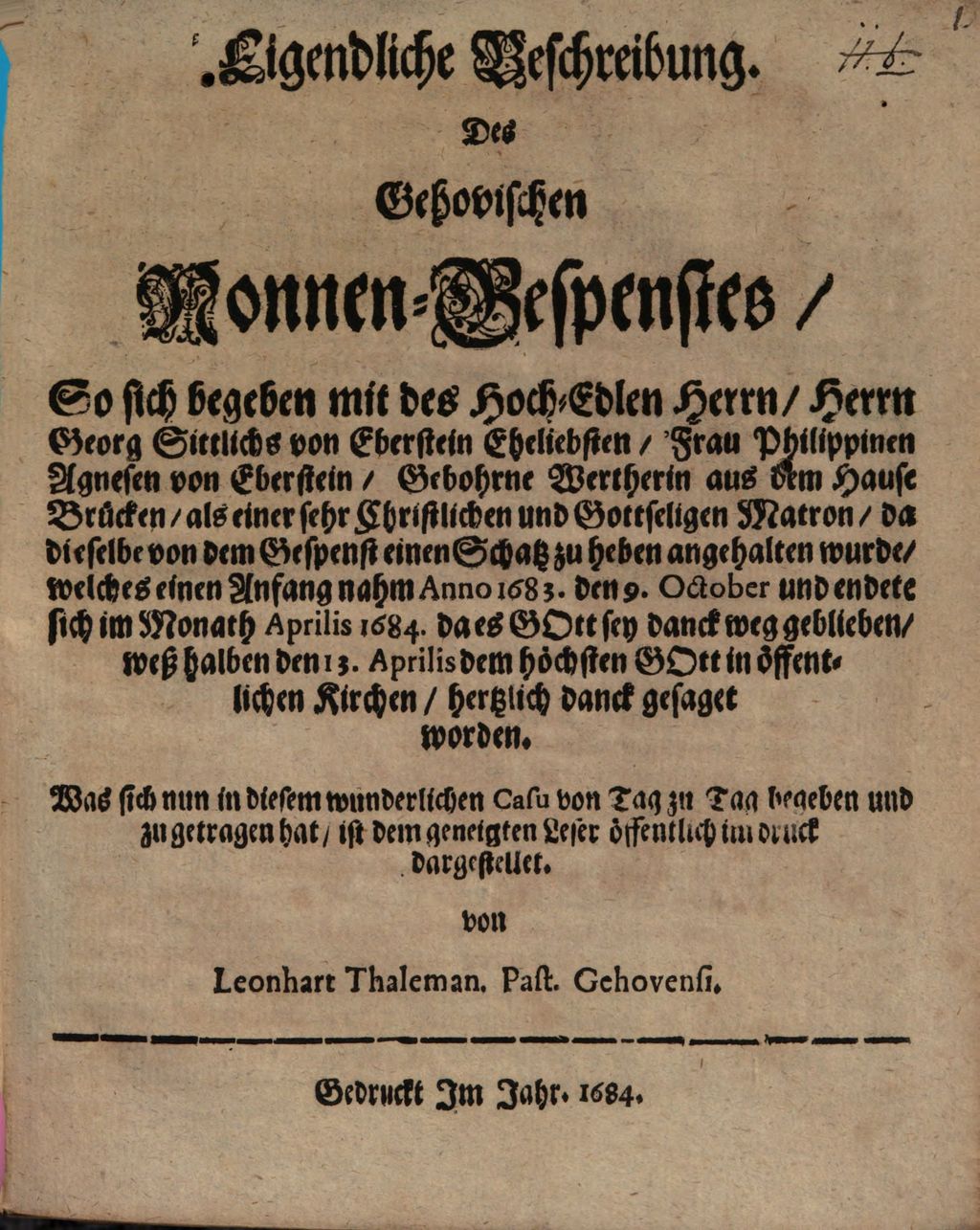 Cover of Eigentliche Beschreibung des Gehovischen Nonnen-Gespenstes, so sich begeben mit Frau Philippinen Agnesen v. Eberstein