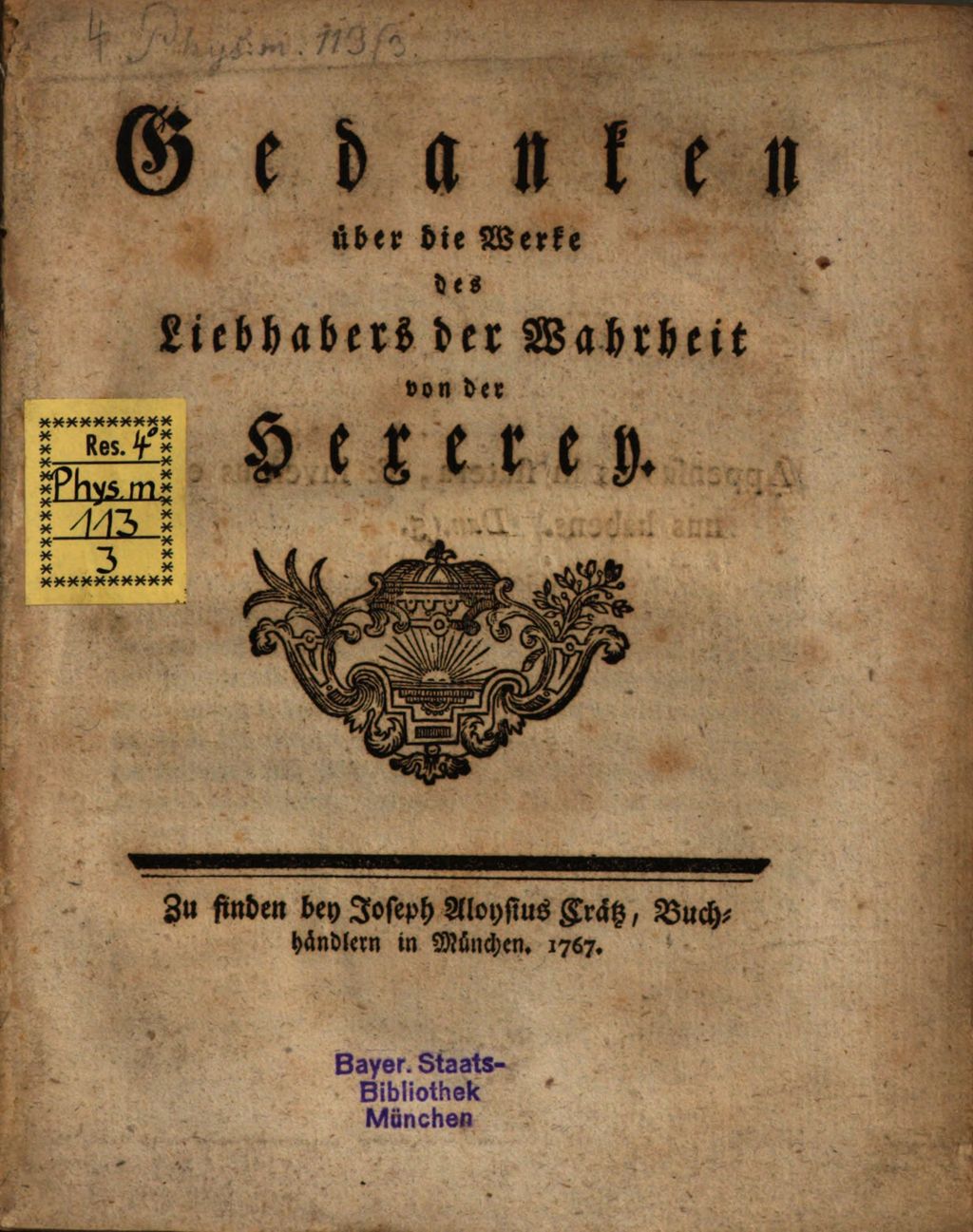 Cover of Gedanken über die Werke des Liebhabers der Wahrheit von der Hexerey