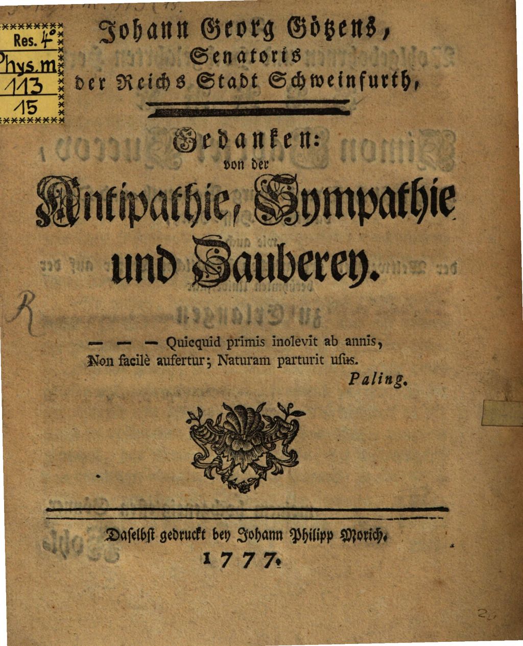 Cover of Gedanken von der Antipathie, Sympathie und Zauberey