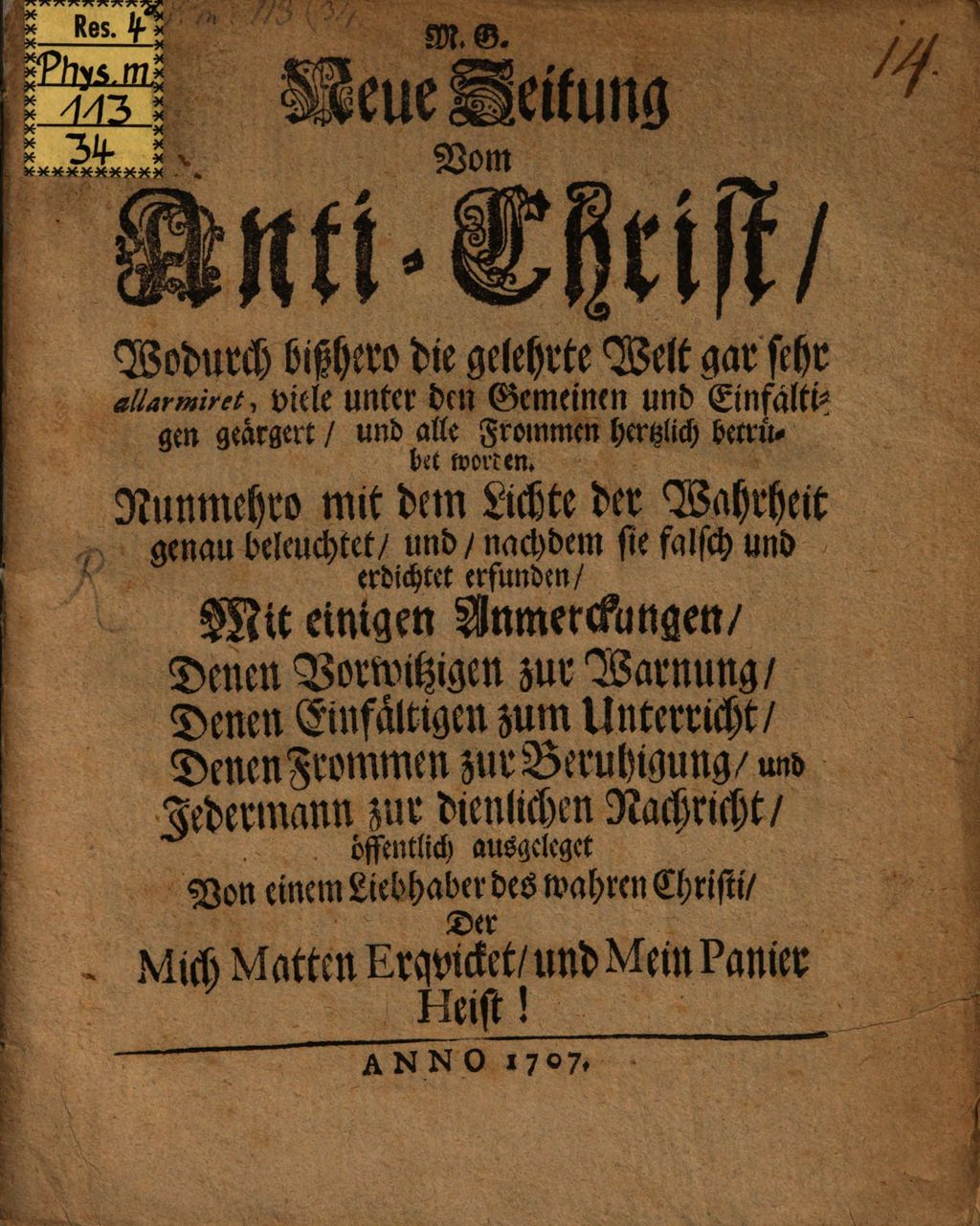 Cover of Neue Zeitung vom Anti-christ, wo durch bishero die gelehrte Welt gar sehr allarmiret ... worden