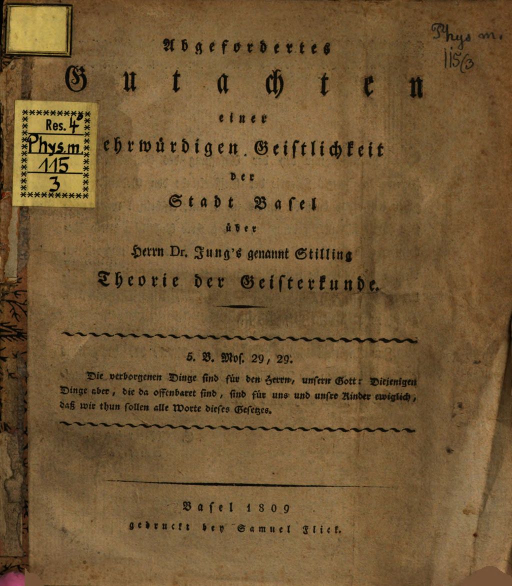 Cover of Abgesondertes Gutachten einer ehrwürdigen Geistlichkeit der Stadt Basel über Herrn Dr. Jung's genannt Stilling Theorie der Geisterkunde